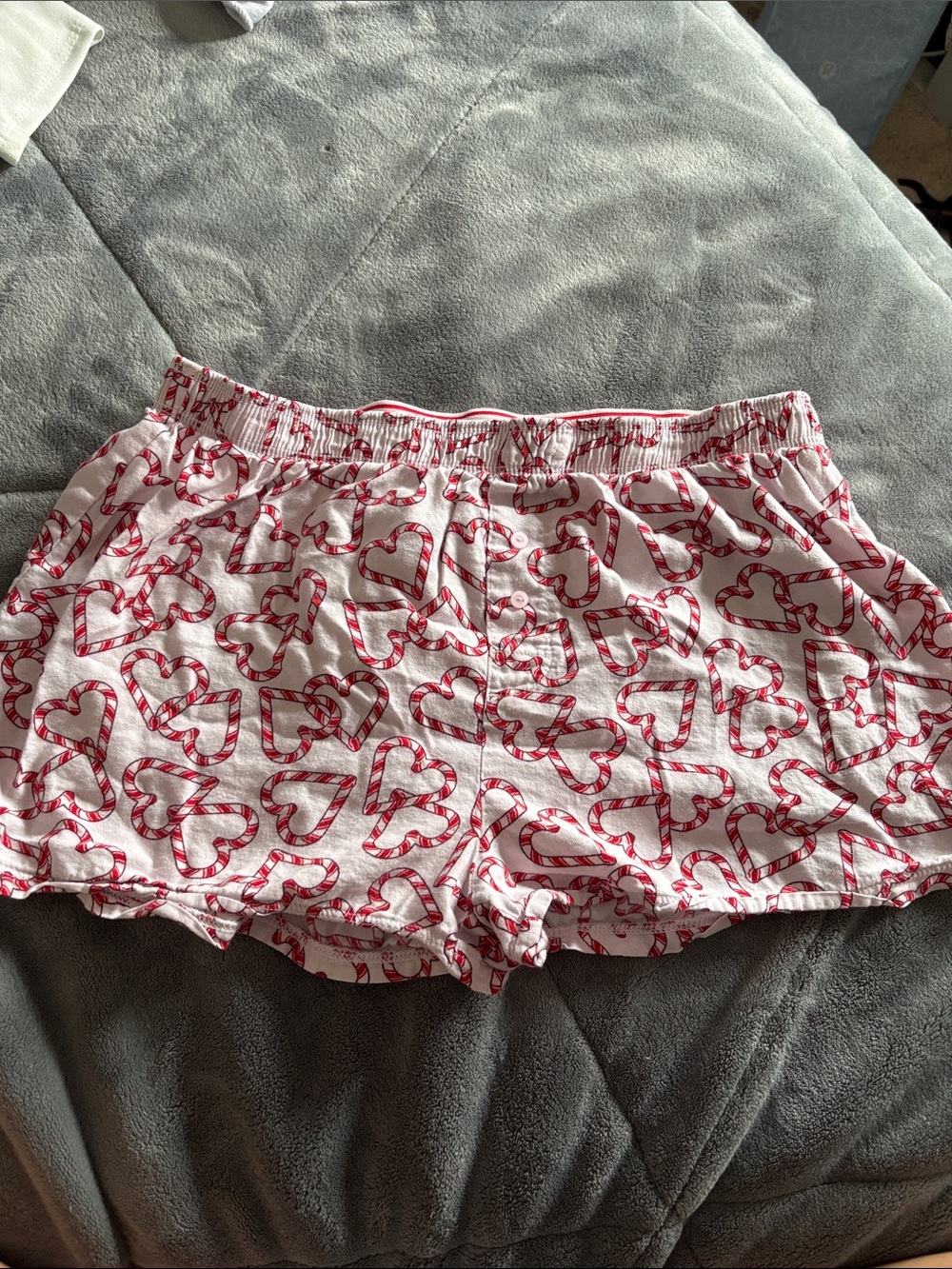 Candy Cane Heart Print Pajama Shorts - White & Red